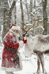 Santa Claus with A Snow-Covered Beard Bonding with Reindeer In Winter Forest During Snowfal.