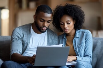 A young couple sits closely together on a comfortable couch, intently reviewing documents on a laptop.