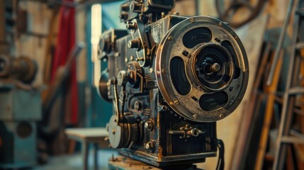 Fototapeta premium Close-up shot of an old movie projector with film reel and buttons