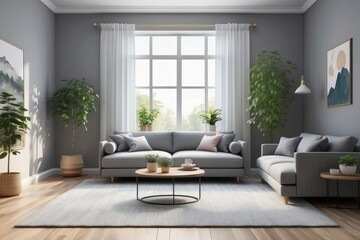 Modern Living Room with Grey Sofa, White Curtains, and Plants