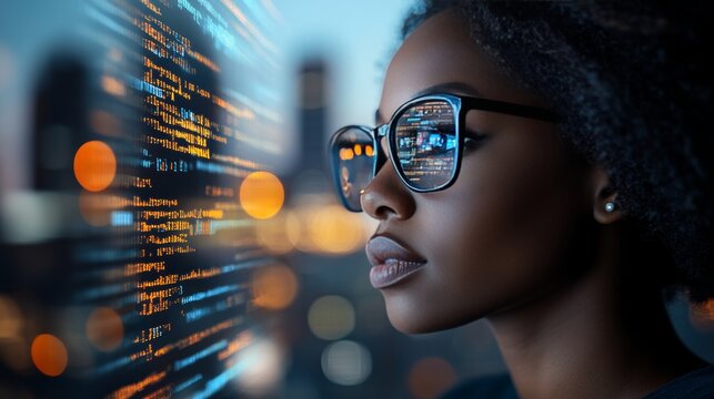 Focused Black Woman Examining Code A Visionary in Software Development and Innovation