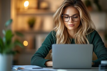 A young woman with long blonde hair and glasses is deeply focused on her work as she types on a laptop in a cozy home office. 