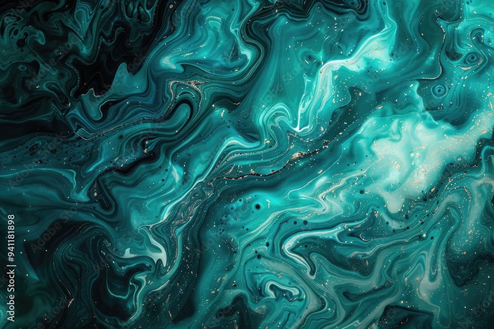 Poster close-up view of a blue and green fluid painting with intricate patterns