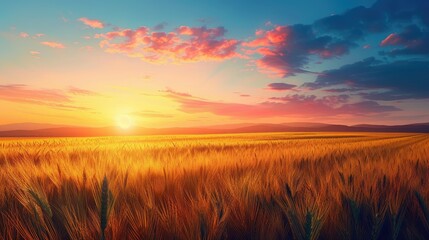 Fototapeta premium Golden Wheat Field at Sunset with Pink Clouds