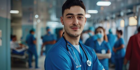 Smiling nurse in a hospital setting. Attractive doctor wearing blue uniform white standing at hospital with blurring background. Healthcare and medical profession concept. Nursing. AIG51.