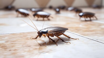 Cockroaches on the bathroom floor, captured in a detailed and realistic close-up. The high-quality image reveals the unsettling and creepy nature of the insects