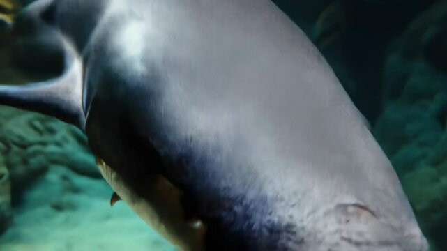 3D rendering of a fierce shark with open jaws swimming underwater in a dark ocean