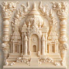 Close-up 3D bas-relief of an Indian temple in vanilla and beige tones. Religion and inspiration. Resource, sketch, template for creativity, creative interior decor, exterior facade decor, printing on 