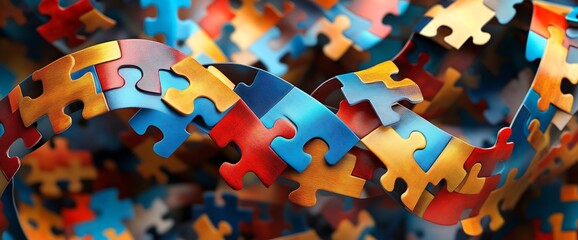 Colorful jigsaw puzzle pieces interlocked, forming a flowing ribbon.