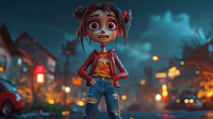 Girl cute zombie in ripped jeans, night scary landscape. Funny cheerful facial expression, 3d animation style cartoon character