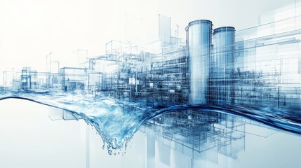 An artistic representation of a water flow blending with a blueprint-like industrial landscape, symbolizing the connection between nature and technology