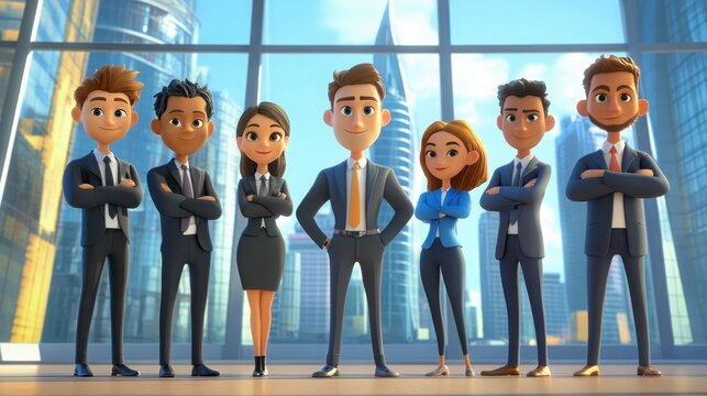 A team of young startup entrepreneurs in business suits. Modern bright office with large windows overlooking the city, skyscrapers. 3d style cartoon character