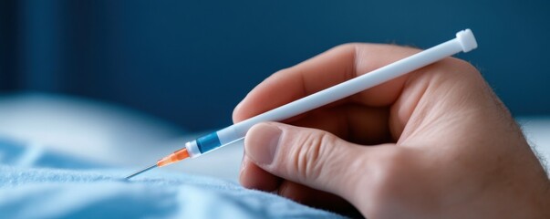Close-up of a hand holding a medical syringe, ready for a healthcare procedure on a patient in a clinical setting.