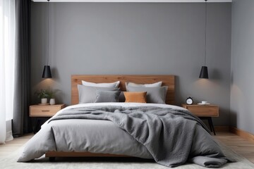 Modern Bedroom Interior with Grey Bedding and Pendant Lights
