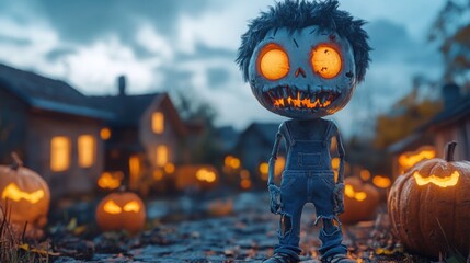 Obraz premium Boy creepy zombie, halloween landscape. Funny cheerful facial expression, 3d style cartoon character