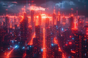 Fototapeta premium A futuristic cityscape powered by quantum computing, with skyscrapers connected by neon data highways and floating holographic interfaces.