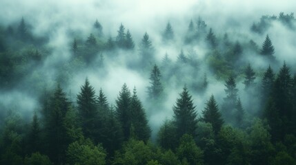 A misty forest landscape shrouded in fog, featuring tall evergreen trees that create a serene and mysterious atmosphere