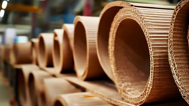 Close-up of folded rolls of cardboard in a manufacturing context, symbolizing packaging and recycling