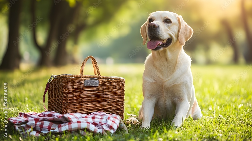 Poster a labrador retriever dog sitting next to a picnic basket in a scenic countryside setting with ample 