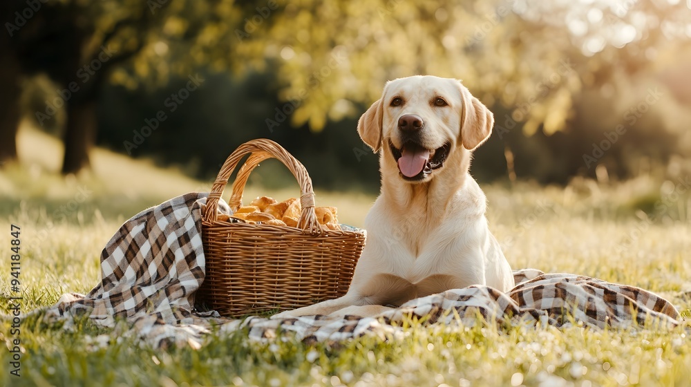 Poster a labrador retriever sitting next to a picnic basket in the peaceful and scenic countryside setting 
