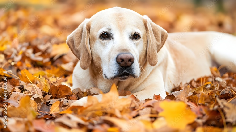 Poster a tranquil scene of a labrador retriever dog lying down comfortably in a cozy pile of vibrant autumn
