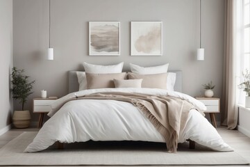 Minimalist Bedroom Interior with White Bedding and Tan Accents