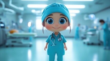 Young woman student in a medical suit of a doctor. Modern bright hospital operating room. Funny cheerful facial expression, 3d style cartoon character avatar