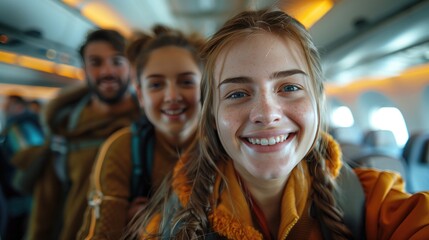 Parents and their teenage children, taking a selfie with the airplane cabin in the background, all smiling brightly. 