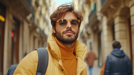 Obraz premium Trendy Hipster Man Smiling in Modern City Street, Optimistic Portrait of a Cool Guy in Stylish Sunglasses and Trendy Clothing