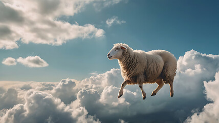 A sheep with soft, feathery wings peacefully drifting among the clouds, in a gentle illustrative and a sky background.