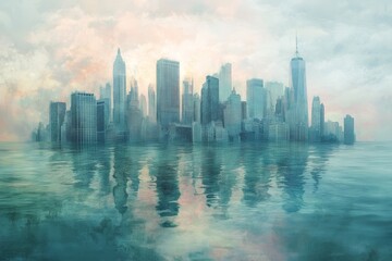 Obraz premium A serene, ethereal cityscape emerging from misty waters, featuring tall buildings reflecting softly on the surface, evoking a dreamlike atmosphere