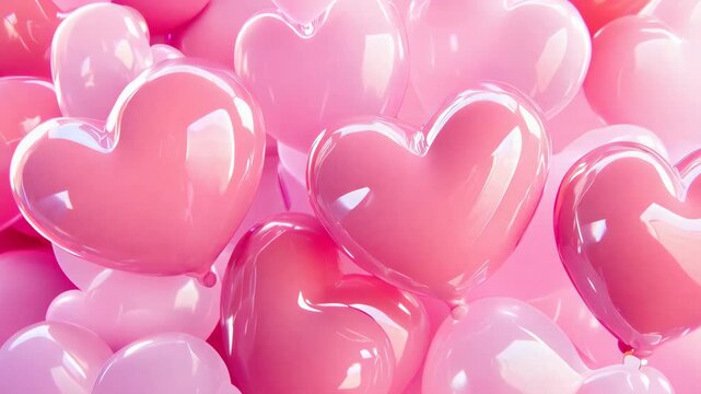 A bunch of shiny pink heart-shaped balloons floating together in a soft light