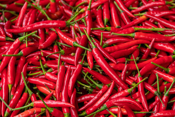 Pile of red spicy chili peppers at fresh market in Thailand.