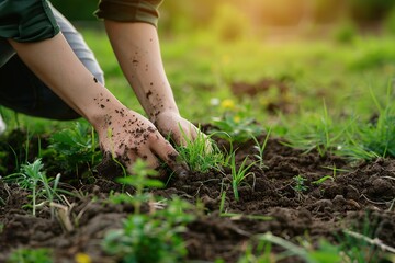 Fototapeta premium Landscaper laying green grass turfs in the garden