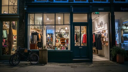 Fototapeta premium London, UK: Gudrun Sjoden, a Scandinavian fashion shop at night. Located on Monmouth Street near Seven Dials in the Covent Garden area of central London