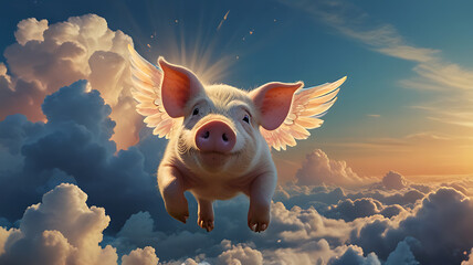 Naklejka premium A pig with angel wings flying joyfully among the clouds, with a radiant glow in a lighthearted illustrative 