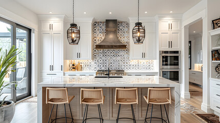 A modern kitchen design with sleek white cabinets, a large kitchen island with bar stools, and a backsplash made of intricate, patterned tiles