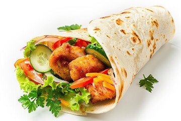 Tortilla wrap with fried chicken and fresh vegetables on white background