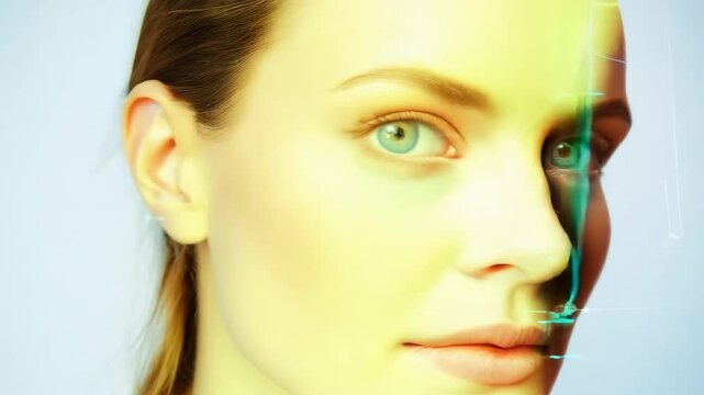 Woman's face with overlaid digital facial recognition grid symbolizing technology and security