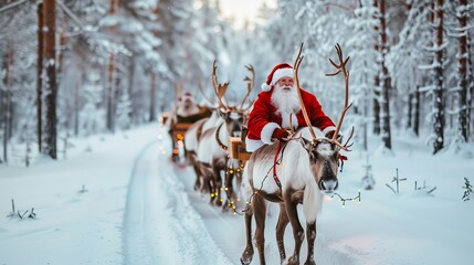 Santa Claus Riding Reindeer Sleigh Through Snowy Forest, Delivering Gifts on Christmas Eve