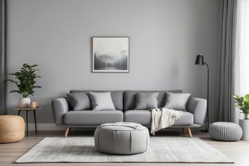 Modern Living Room Interior with Grey Sofa, Ottoman, and Art Print