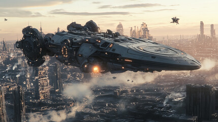 A futuristic sci-fi ship taking off, with a military robot and an apocalyptic cityscape, rendered in 3D. --ar 16:9 --v 6.1 Job ID: 3d0dbd7b-7d7a-42e8-97fd-65d9a874ba05