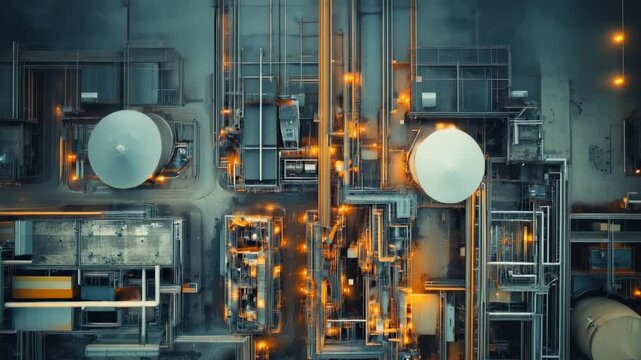 Image of an industrial complex with many pipes and structures illuminated by lights