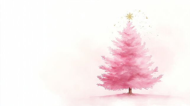 A whimsical watercolor illustration of a pink Christmas tree, sparkling with gold glitter and gently dusted with snowflakes, set against a light, pastel background. The tree is bea