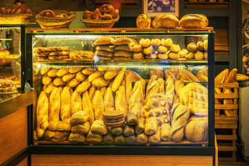 Bakery display filled with various freshly baked bread, including baguettes, rolls, and loaves