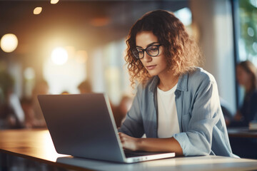 Young tech female student wearing eyeglasses working on laptop. Business on the go. Woman working remotely in her start-up company
