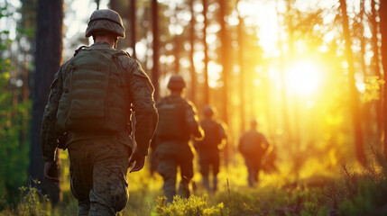 Fototapeta premium A group of soldiers in full camouflage gear, marching in formation during a training exercise in a dense forest. The scene captures the discipline, teamwork, and precision of the s