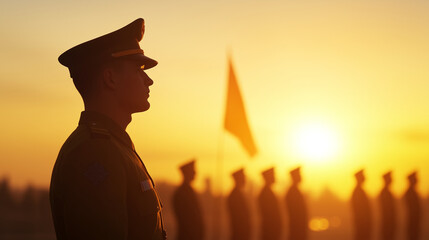 A military ceremony with soldiers standing at attention, the national flag being raised against the backdrop of a clear morning sky. The soldiers uniforms are crisp, their express