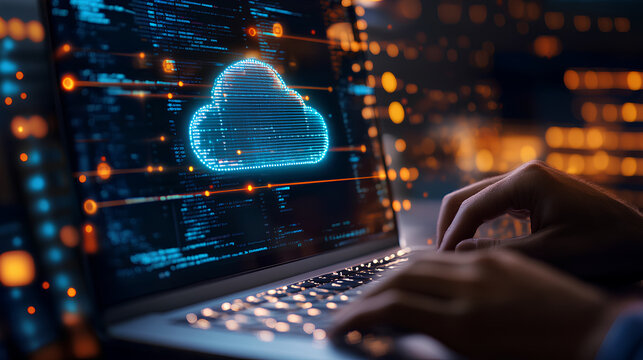 Man using computer showing cloud computing diagram in hand cloud technology data storage network and internet service concept