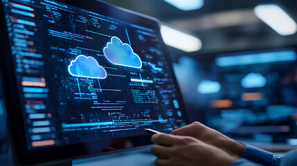 Man using computer showing cloud computing diagram in hand cloud technology data storage network and internet service concept